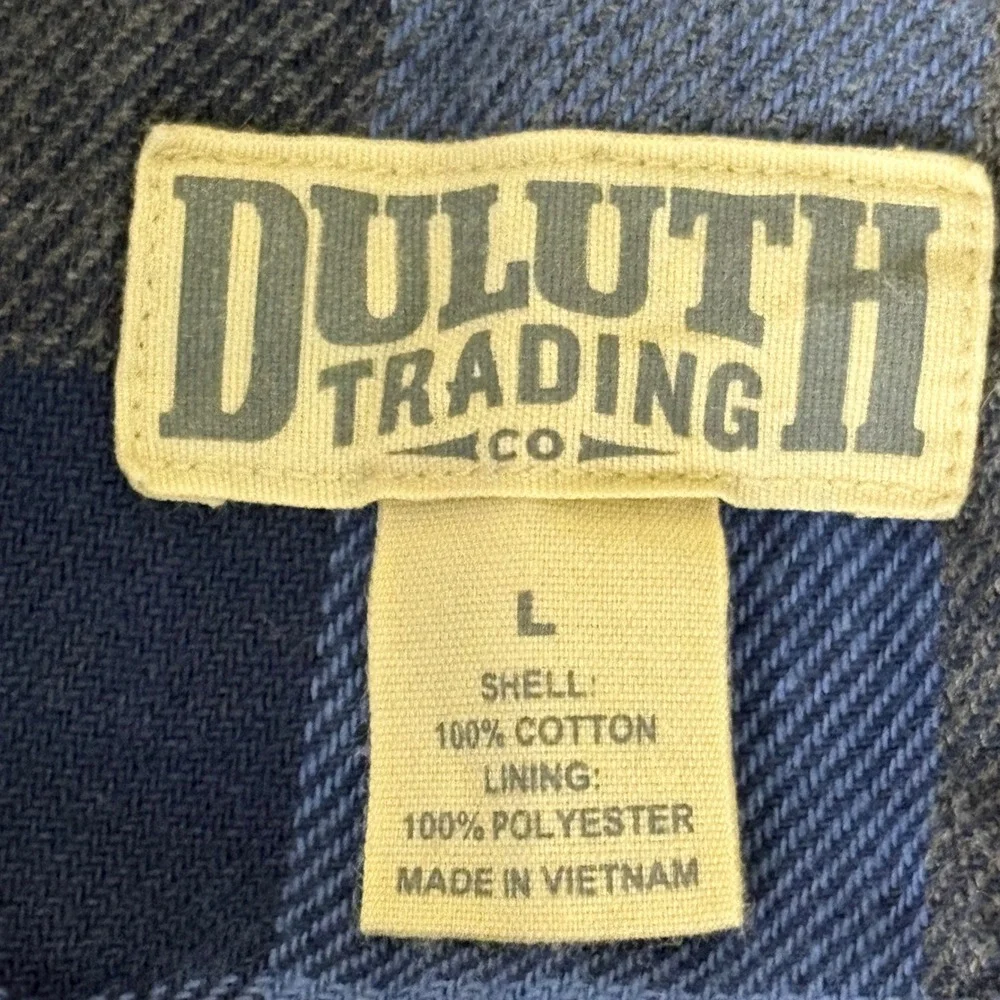Duluth Trading Co Mens Large Fleece Lined Flannel Shirt Jacket Blue Plaid Cotton